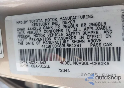 2003 Toyota Camry Le/Xle/Se from USA, damaged, VIN 4T1BF30K83U561291